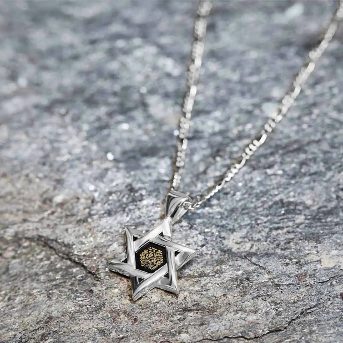 Star of David Necklace 24k Gold Inscribed Hebrew Shema Israel Pendant on Onyx